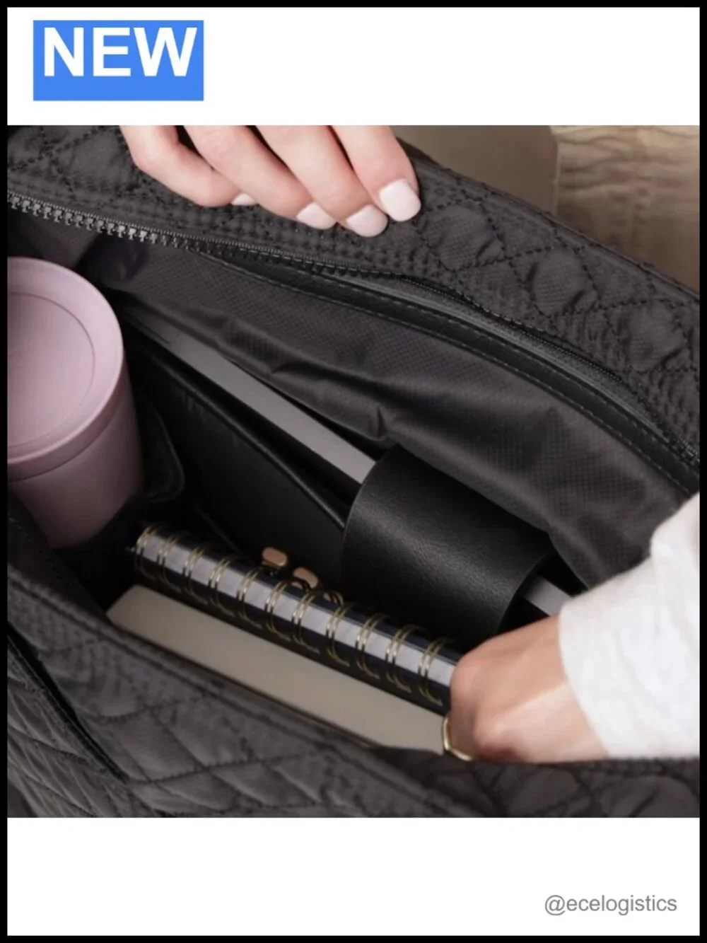 Quilted Nylon Tote Bag for Women, Medium Size with Laptop Sleeve, Adjustable
